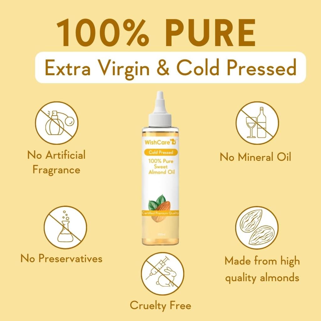 WishCare® Pure Cold Pressed Sweet Almond Oil 200 Ml for Hair Care Skin Glow Face Oil Carrier Oil Use Natural Glow Oil