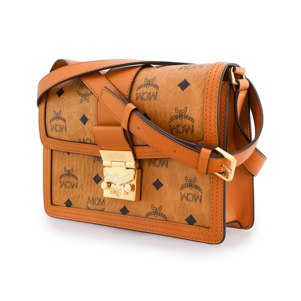 Neue MCM Tracy Visetos beschichtete Canvas mit Lederbesatz Umhängetasche Klein Damen Cognac MWSCAXT01CO001