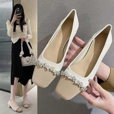 Commuter Thick Heel Single Shoes Women 2025 New Summer French Gentle Fairy Wind One Pedal Square Head Splicing High Heels