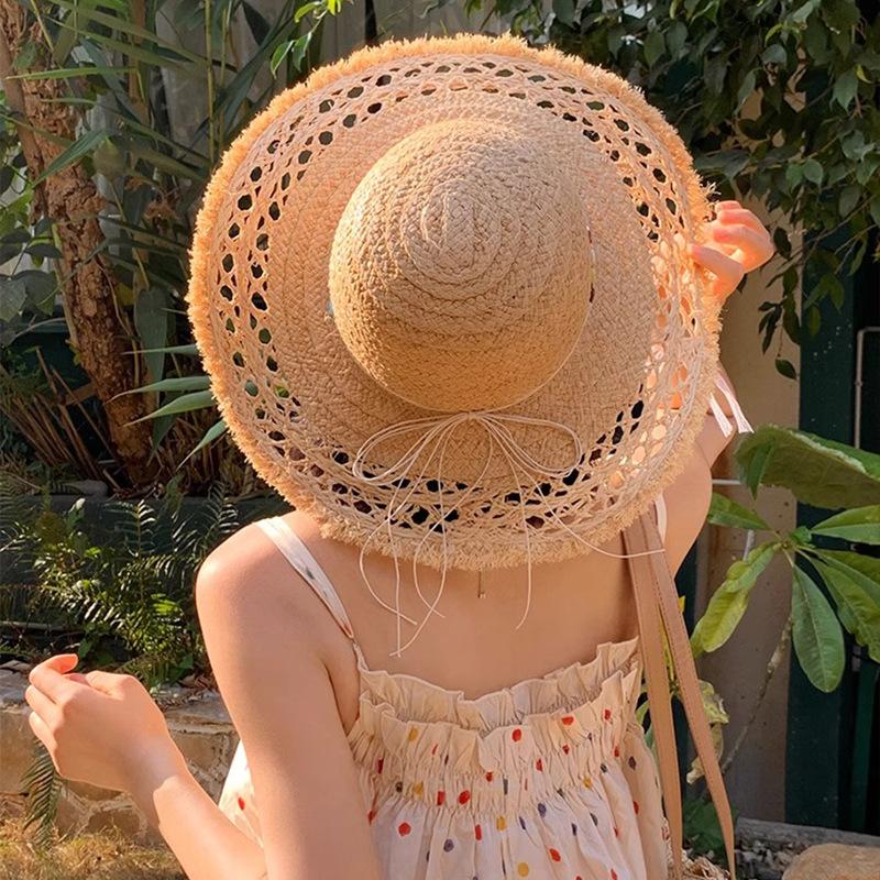 

Весенне-летняя шляпа из рафии в французском праздничном стиле с ажурным плетением, женская пляжная шляпа от солнца с широкими полями, маленькая шляпка, подчеркивающая лицо