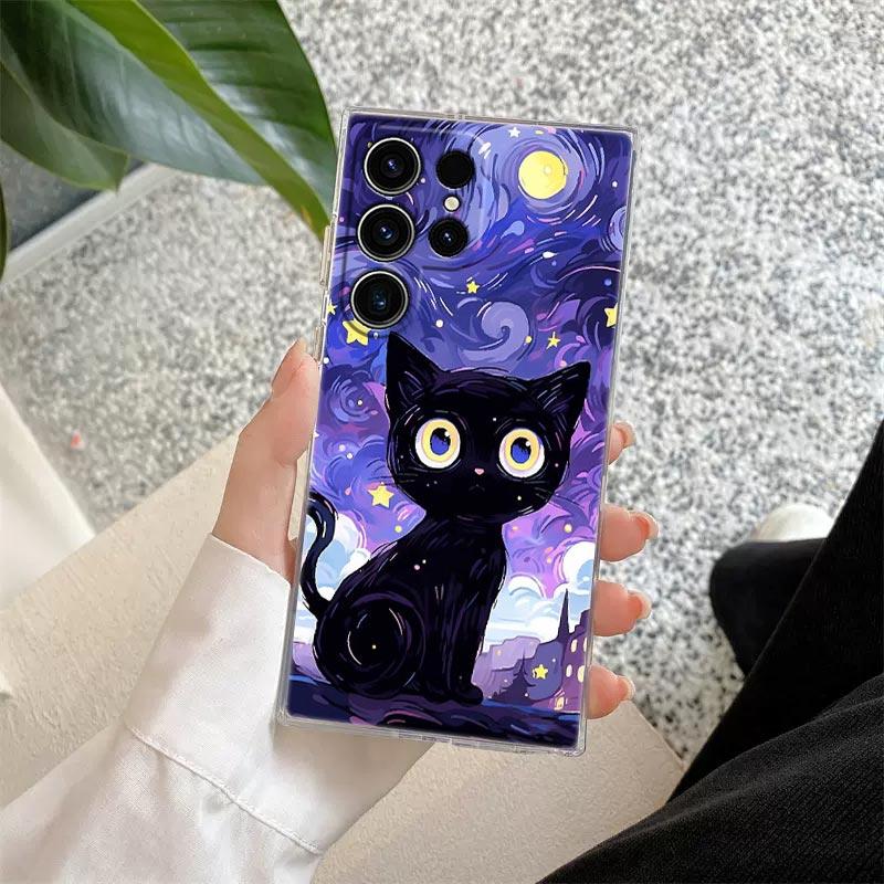 Retro Oil Painting Starry Sky Cat Clear Case For Samsung Galaxy S26 S25 S24 S23 Ultra S20 S21 FE S22 Plus S26 Ultra Phone Cover
