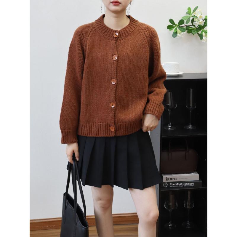 Autumn and winter new round neck loose lazy wind knitted cardigan solid color retro sweater jacket women