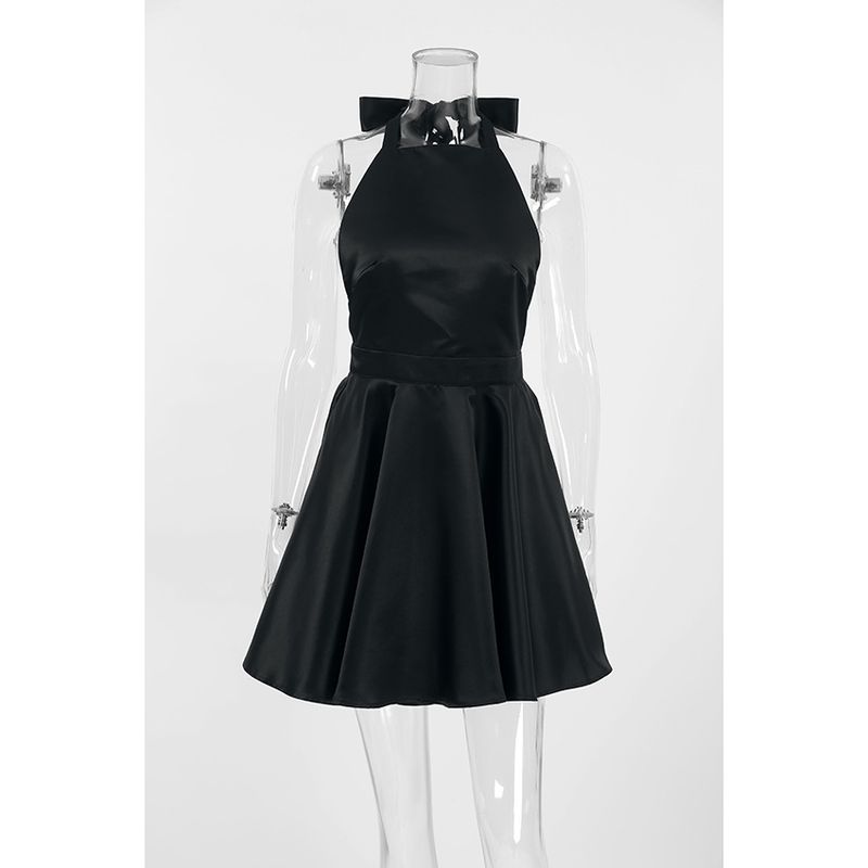 

French Style Black Fancy Backless Bow Elegant Back Shadow Halterneck Satin Dress with Pocket Design Skirt