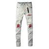 European and American High Street Trendy Brand, Ripped Red Patch, Elastic, Slim Fit, Light-colored Casual Jeans, Small Feet, Men