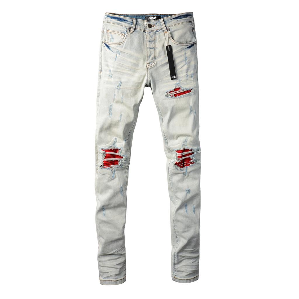 European and American High Street Trendy Brand, Ripped Red Patch, Elastic, Slim Fit, Light-colored Casual Jeans, Small Feet, Men