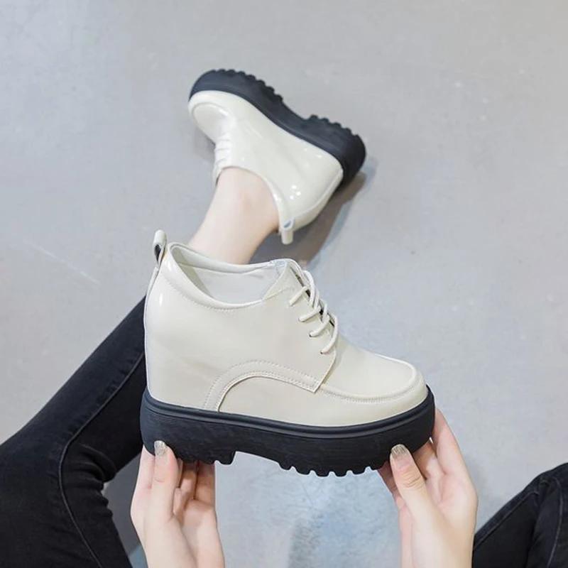 Fashion 11CM High Heels Pu Leather Platform Wedge Sneaker Women Shoes inner heighten Women Pumps Autumn Spring Lace Up Platform Shoes