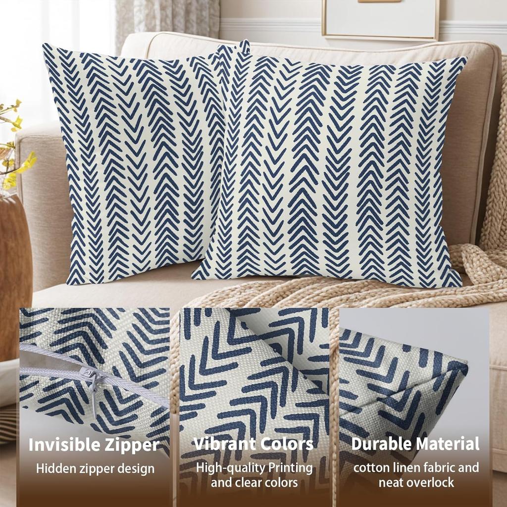 KSLIDS Navy Blue White Indigo Ivory Throw Pillow Covers Set of 2 Boho Arrow Herringbone Decorative Pillow Covers 18x18 Inch Bohemian Geometric Pillow