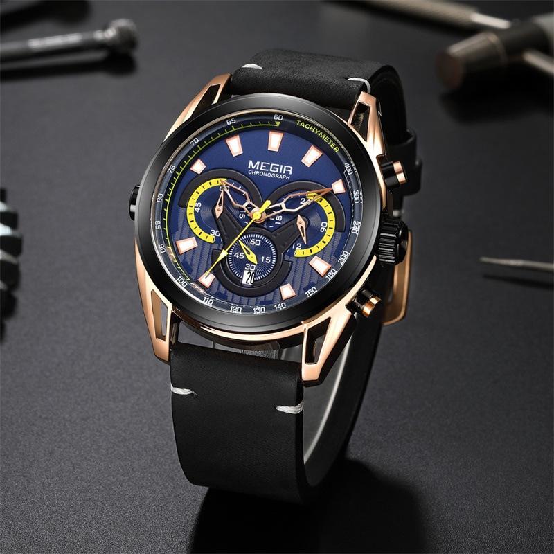 Watch Men'S Trend Blue Chronograph Leather Watc Sports Quartz Watch 2135