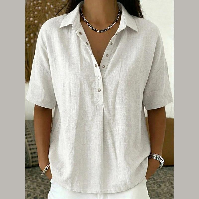 Women'S Solid Color Pullover Shirt Short Sleeve Collared V Neck Button Down Relaxed Summer Casual Top