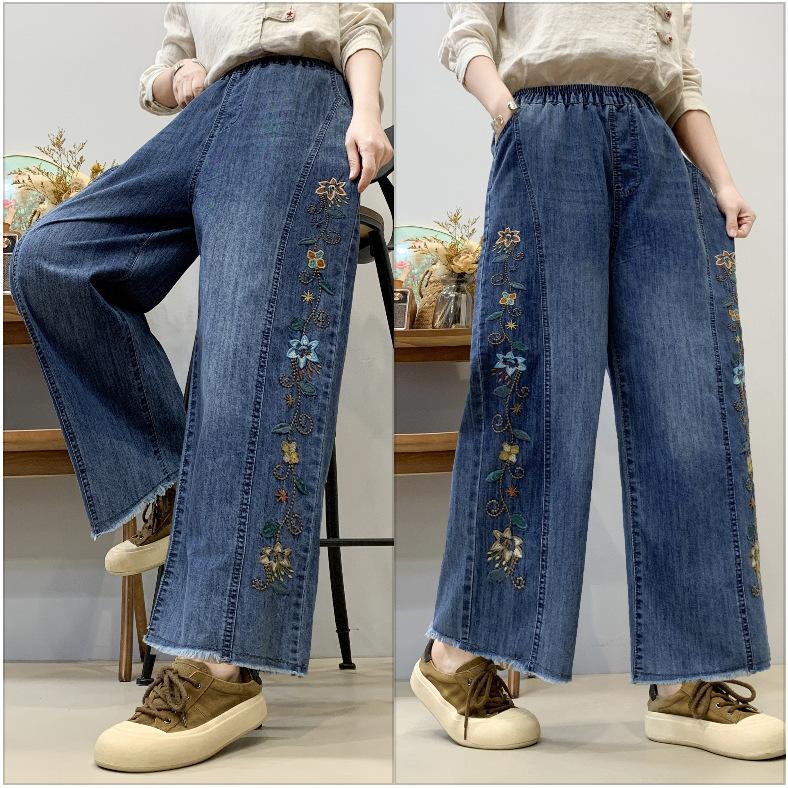 Spring Jeans Women's Ethnic Style Embroidered Elastic Waist Wide-leg Pants Retro Nine-point Jeans