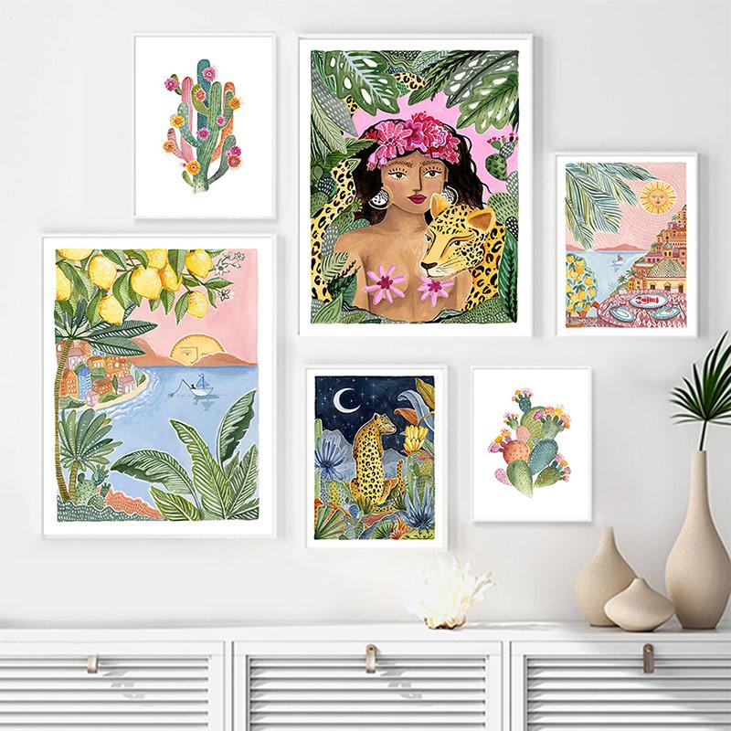 Boho Sun Cactus Banana Tree Women Leopard Wall Art Canvas Painting Nordic Posters And Prints Wall Pictures For Living Room Decor