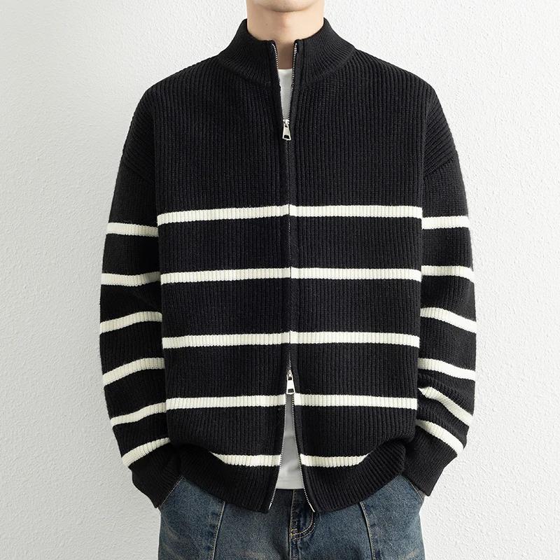 Herbst Winter Herren Dick Warmer Pullover Herren Gestreift Gestrickt Reißverschluss Strickjacke Männlich Locker Sweatercoats Mann Schwarz Oberbekleidung