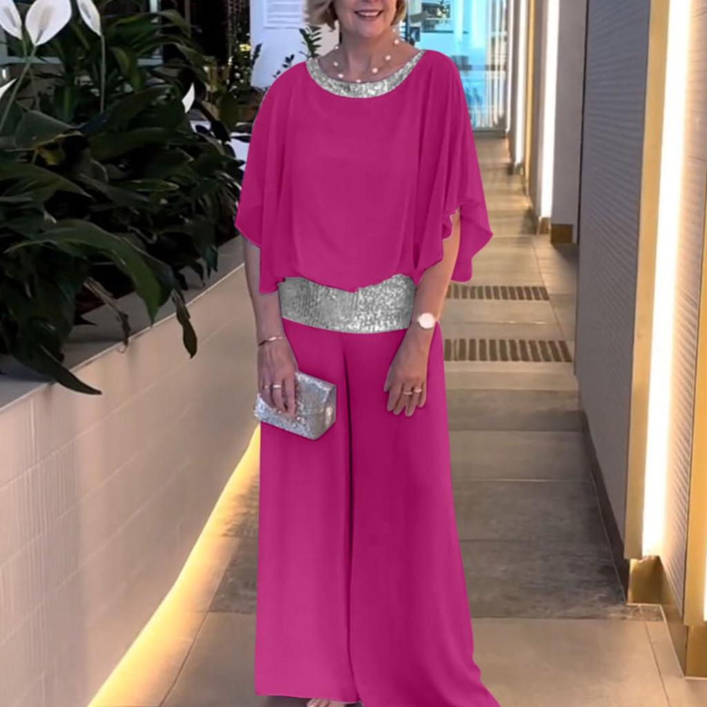 Dámská móda Jednobarevný potisk Krátký rukáv Košile v barvě flitrů se širokými nohavicemi Kalhoty Kalhoty Obleky