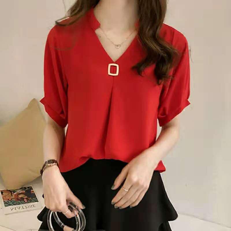 2024 Plus Size Koreansk Chiffong Halvärmad Slim Sommartopp för Kvinnor