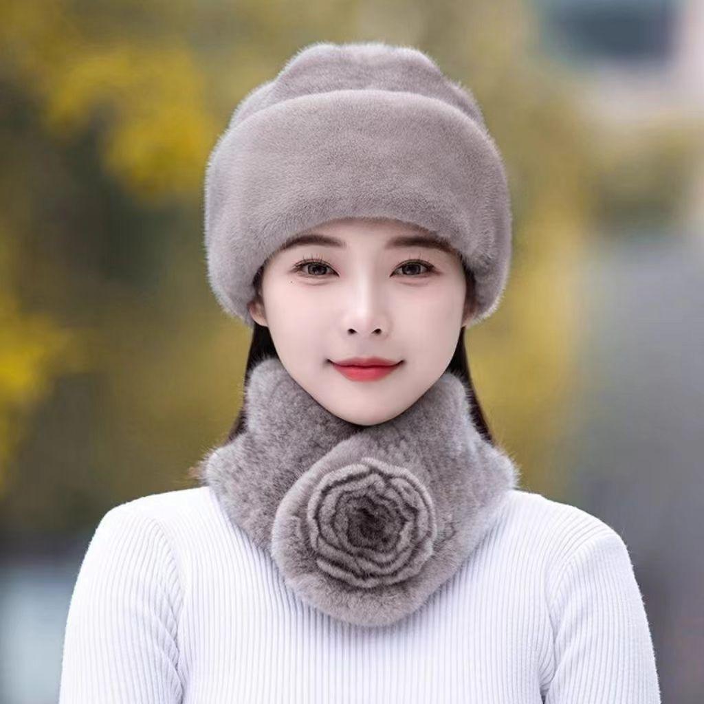 Mink Leather Hat Female Winter Middle-aged and Elderly Mother Model Ear Protection Warm Imitation Fur Whole Leather Mink Velvet Scarf Hat