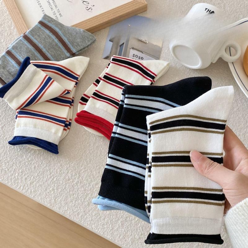 Women's Autumn and Winter Dopamine Striped Mid-calf Socks with Rolled-up and Loose Cuffs, Versatile Pile Socks
