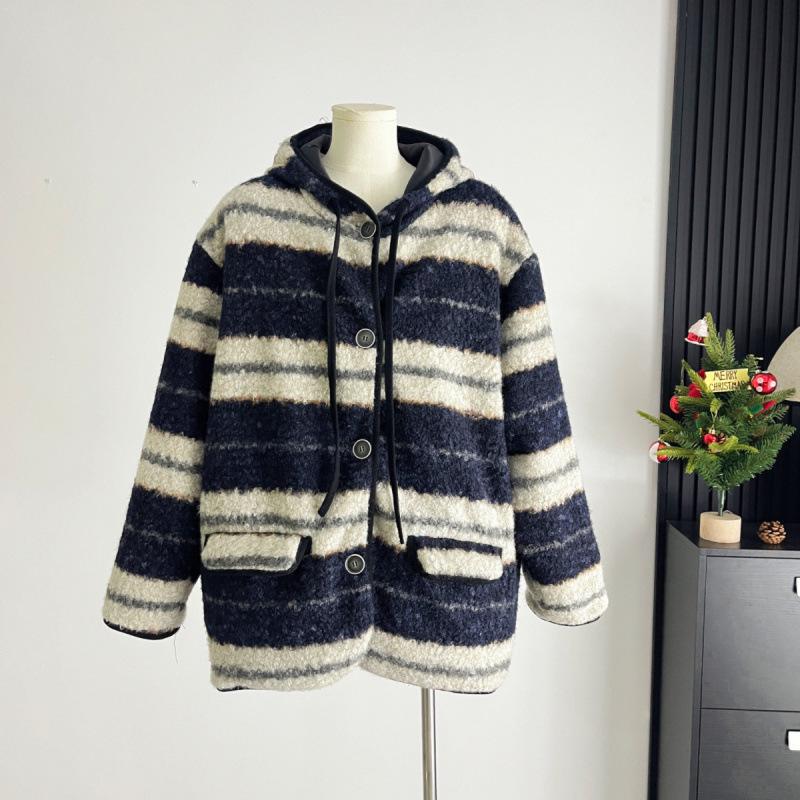 Xin Xing EONEE Women's Retro Striped Lamb Wool Hooded Jacket - Autumn/Winter