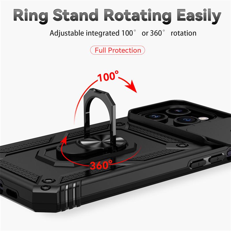 Sliding Push Window Case For iPhone 15 Pro Max Case iPhone 15 Cover Armor Shockproof Metal Ring Holder Camera Protector Cover