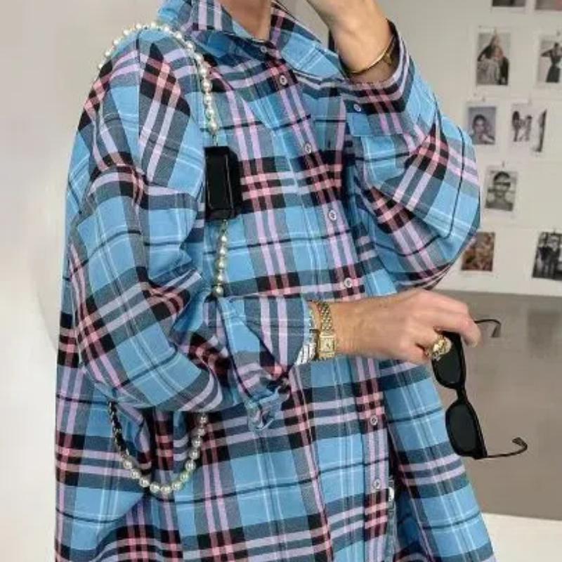 

Универсальная рубашка свободного кроя с лацканами в стиле ретро, с длинными рукавами и карманом, в клетку, женская, для весны и осени L розовый/синий