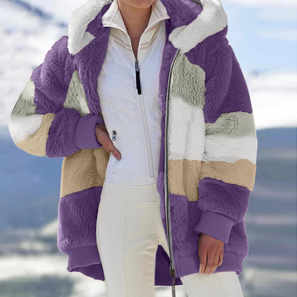 Manteau à capuche pour femmes, mode épissage, ample, peluche, manches longues, fermeture éclair, poche, hiver