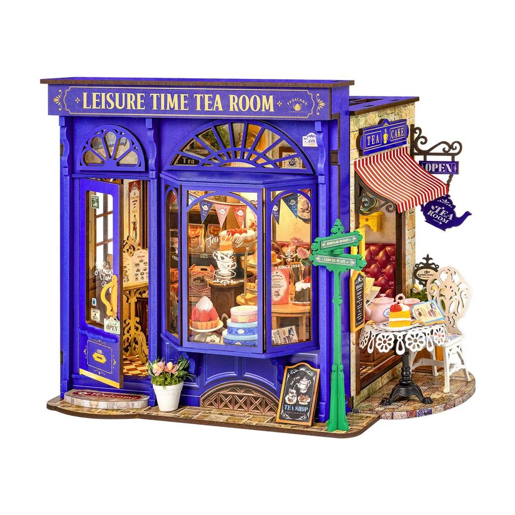 Leisure Time Tea Room DIY Miniature Toy 3D Wooden Puzzle Cozy Tea Room Miniature Openable Design Doll House Birthday Gift for Adults