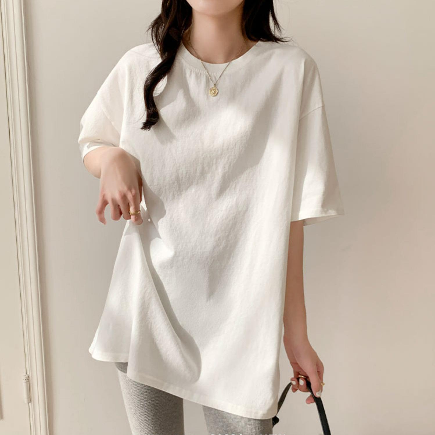 

Medium and long cotton t-shirt women s short-sleeved 2025 new loose large version with shark pants half-sleeved top t-shirt 3XL білий