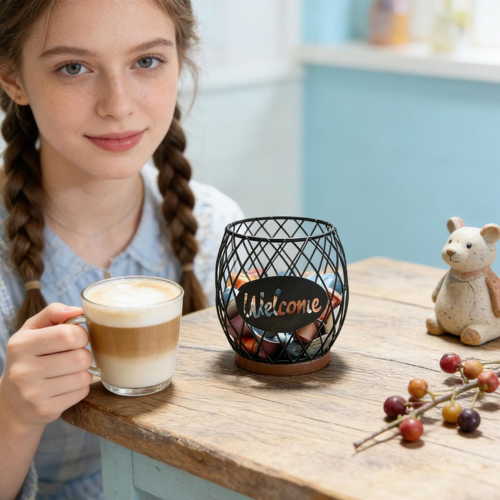 Wrought Iron Mesh Coffee Capsule Storage Jar, Decorative Desktop Storage Jar, Storage Basket With Wooden Base, Suitable For Capsule Coffe