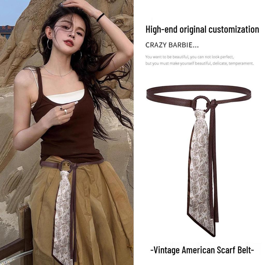 Ziyu Retro American Silk Scarf & Leather Belt with Waist Chain - Women's High-End Jeans Accessory 2025