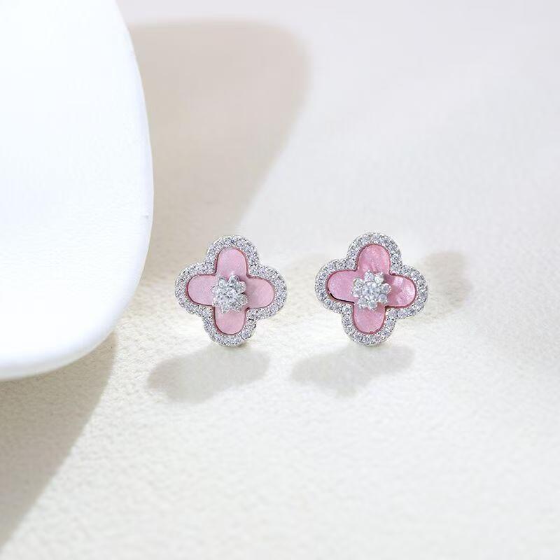 Elegant Pink Four-Leaf Clover Necklace Set With Floral Pendant Rose Gold Plated Copper Jewelry Women