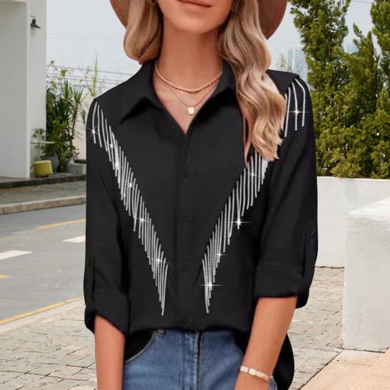 Women Shirt Lapel Long Sleeve Buttons Placket Shirt with Rhinestones Tassel Solid