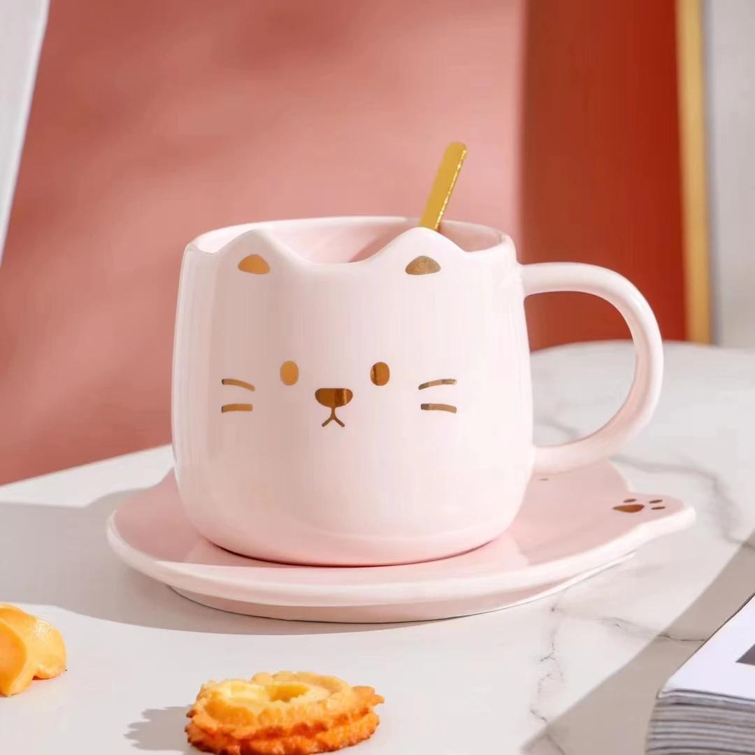 

Рождественский подарок, керамическая чашка с котом, кофейная чашка, крышка для тарелки, послеобеденный чай, пара, девушка, сердце, милая, премиум-класса с тарелкой и ложкой, кружка