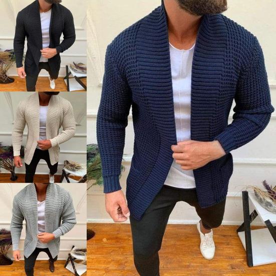 Cappotto Maglione da Uomo Colore Unito Tasche Autunno Inverno Cardigan a Maglia a Righe