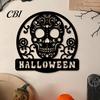 Retro Halloween Party Supplies Skull Metal Door Sign, Gothic Spooky Skeleton Head Hanging Wall Entrance Ornament Art for Man Cave, Bar, Bedroom,