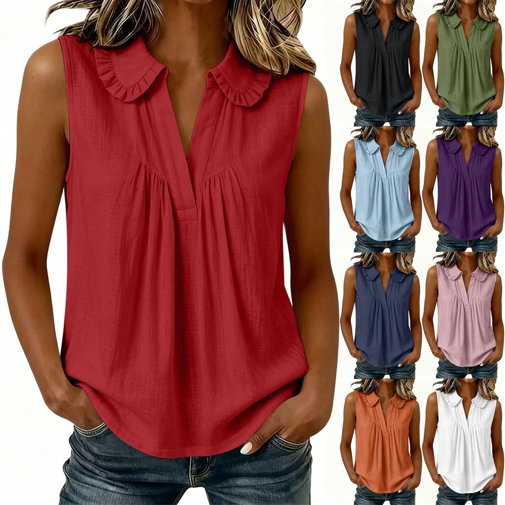 Women Sleeveless V Neck Blouse with Ruffle Collar Casual Loose Fit Summer Top Lightweight Soft Fabric