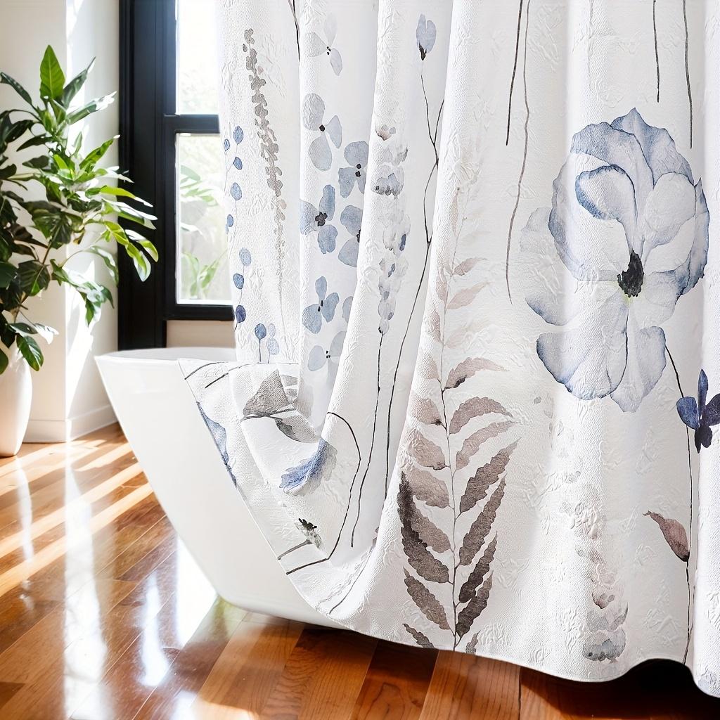 Embossed Butterflies & Watercolor Wildflowers Shower Curtain - Minimalist White, Waterproof Fabric, Textured Design With Hooks