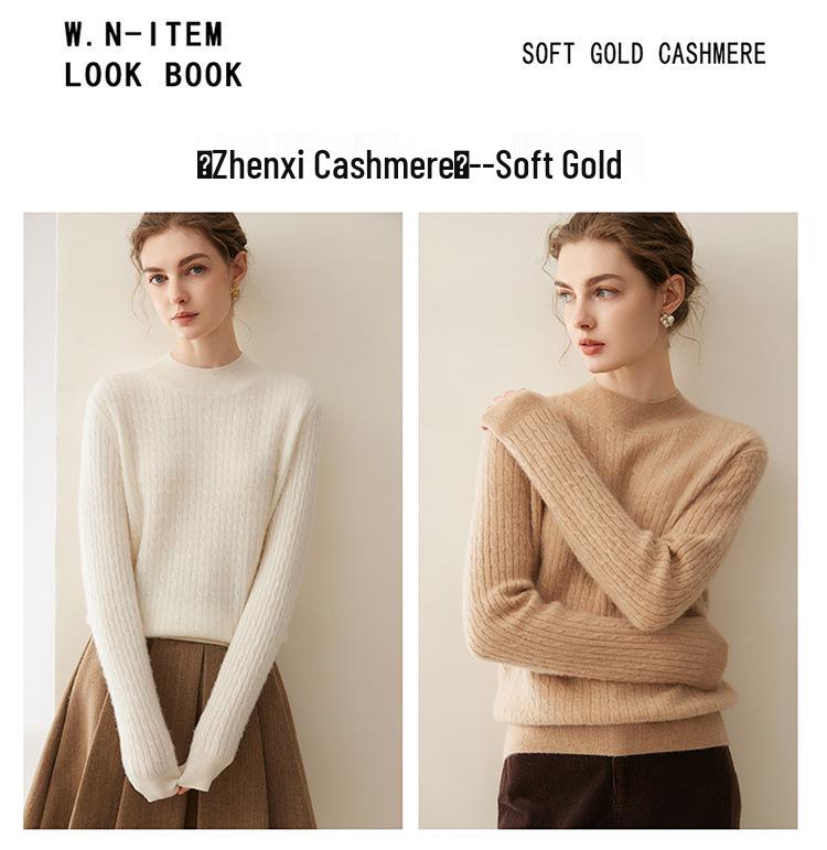 Women's Pure Cashmere Cable Knit Sweater - Autumn/Winter 2026, Half-High Neck, Loose, Slimming, Gentle Style.