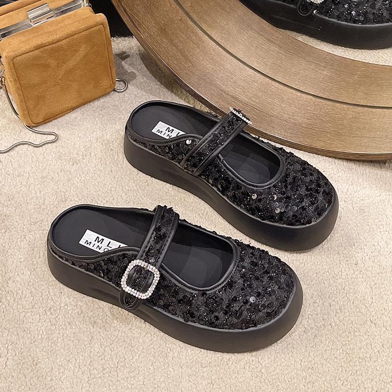Fashion Glitter Slides Shoes Woman 2024 Slippers Flat Low Female Mule Pantofle Cover Toe Jelly Mules New PU Bling Crystal Rubber Rome Ho