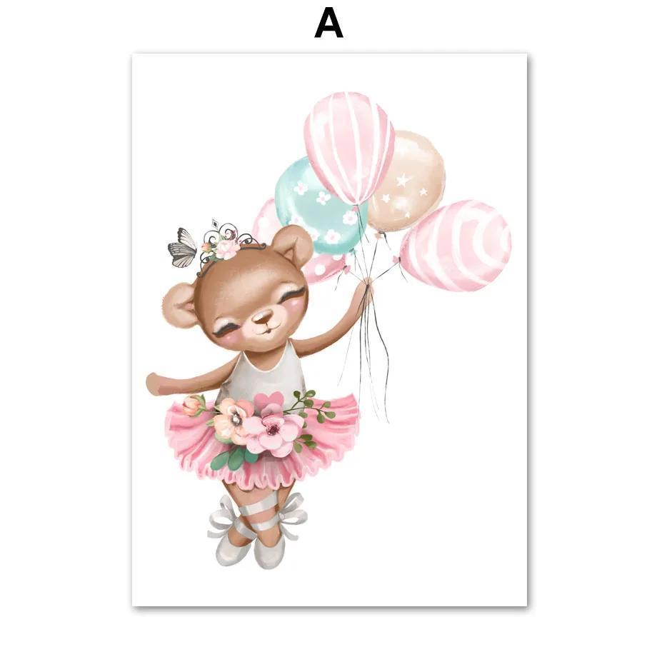 Pink Ballet Bear Rabbit Deer Elephant Flamingo Cat Nursery Wall Art Mural Canvas Painting Poster Print Baby Girl Room Home Decor