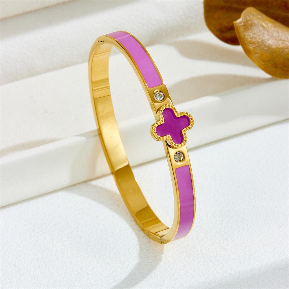 Bransoletka Czterolistna Koniczyna ze Stali Tytanowej i Cyrkonii z Wysokiej Jakości Emalią Epoksydową