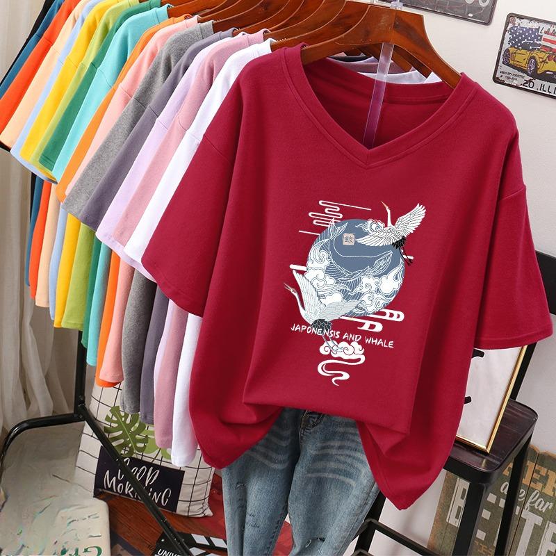 Short-sleeved T-shirt, Loose-fitting, Slimming Printed V-neck Top for Women