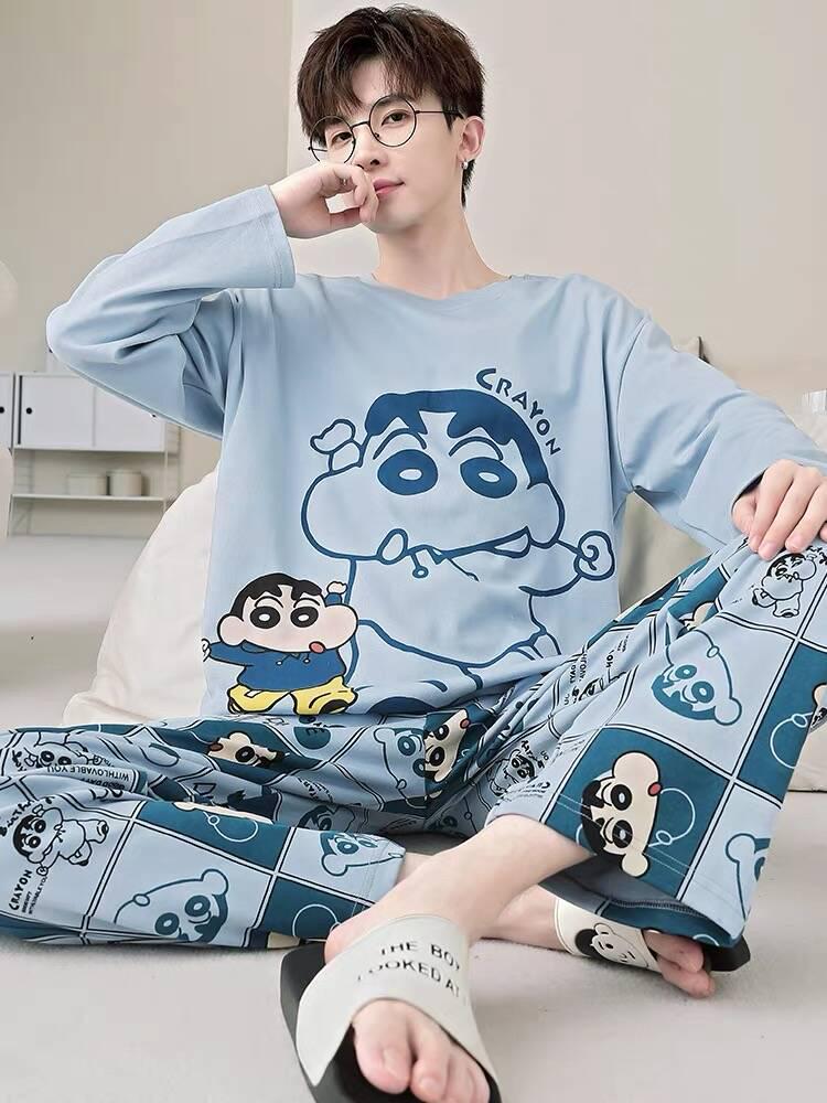 Set de pijama de desene animate pentru bărbați mărime plus: Mânecă lungă, Subțire, pentru Primăvară, Toamnă și Iarnă - Haine de casă pentru Adolescenți și Studenți.