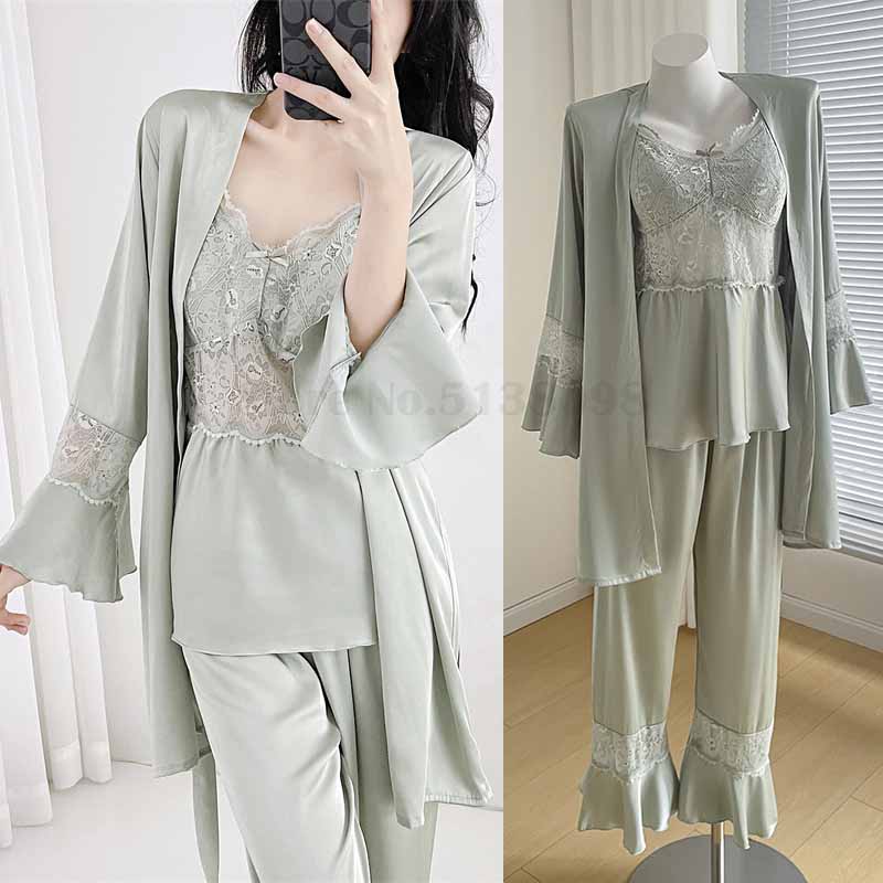 Wiosenno-jesienna trzyczęściowa piżama, seksowna koronkowa odzież domowa, casualowa satynowa piżama, damska bielizna, odzież domowa