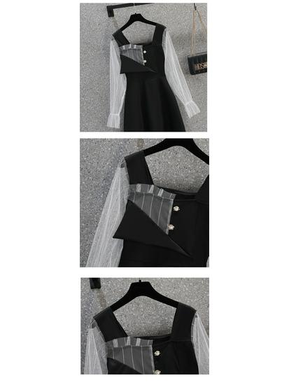 French Retro A-line Black Dress with Mesh Splicing & Long Sleeves