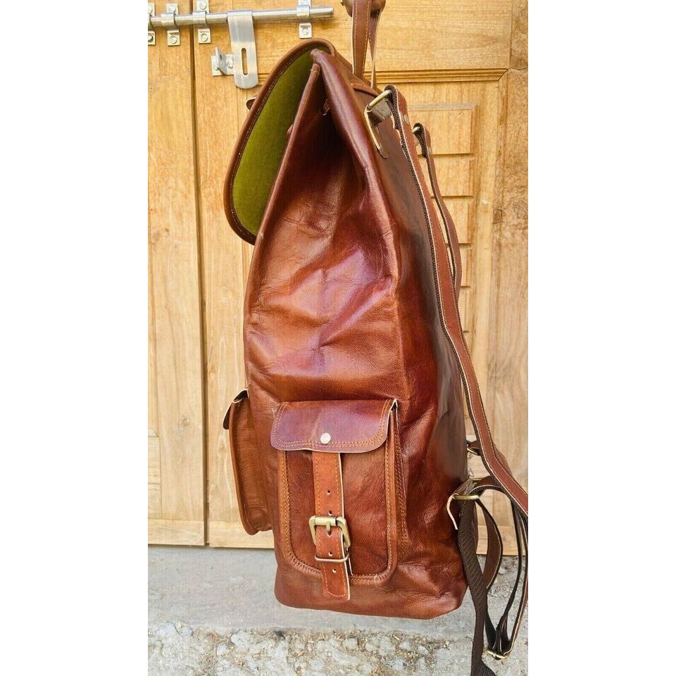 Handmade Large Backpack Genuine Vintage Goat Leather Rucksack Travel Bag New