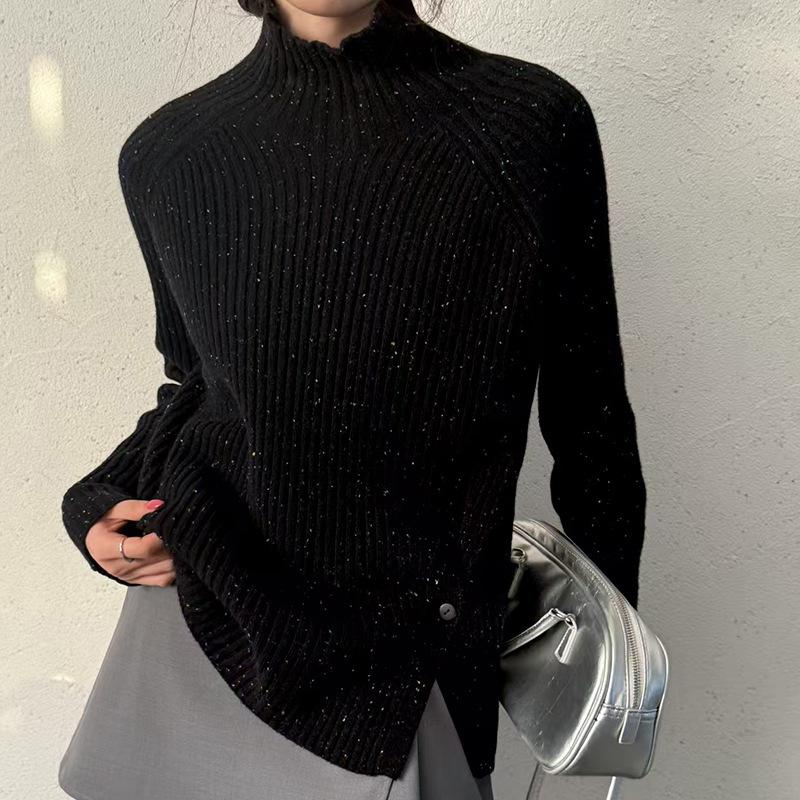 

Design sense pit strip side button Quan wool knitted sweater top autumn and winter warm inside with lazy style fashion sweater M чёрный