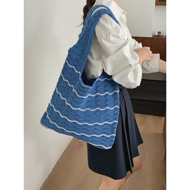 Wavy Polyester Knit Tote Bag for Women Oversized Handheld Shoulder Shopping Purse