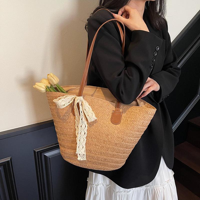 Women's Large Capacity New Vacation Beach Straw Shoulder Bag Woven Commuter Bucket Bag Basket Tote Bag