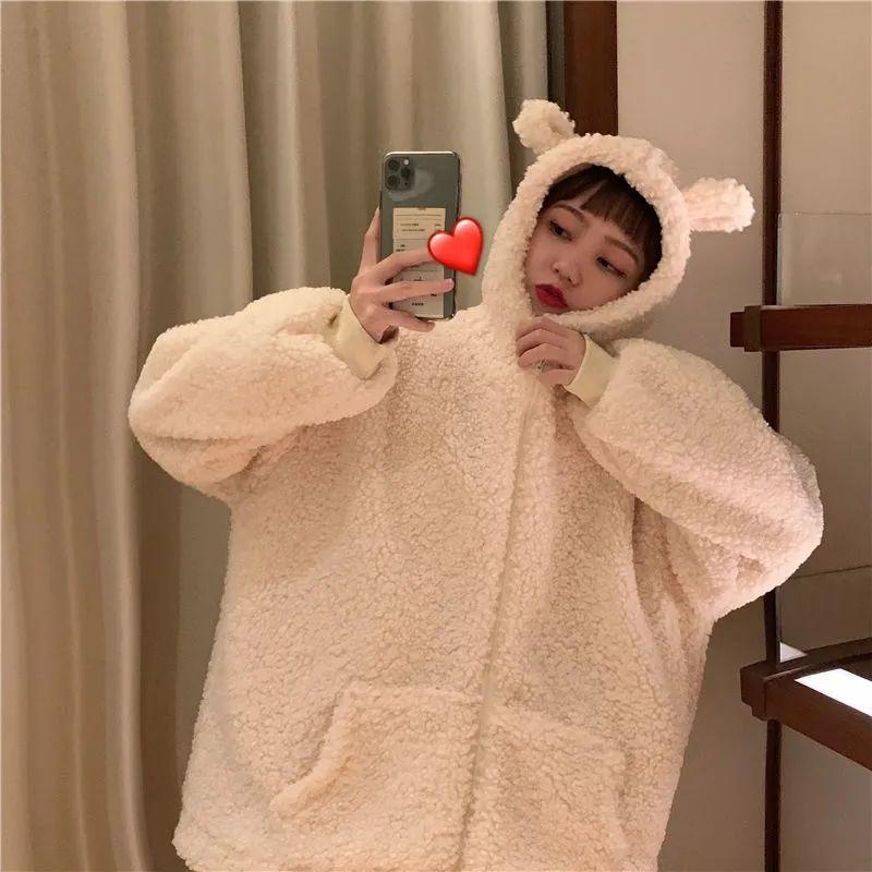 Felpa con cappuccio da donna Harajuku Kawaii con cerniera Felpa da donna Rana giapponese Spessa cappotti di lana d'agnello oversize Tendenza abiti invernali caldi