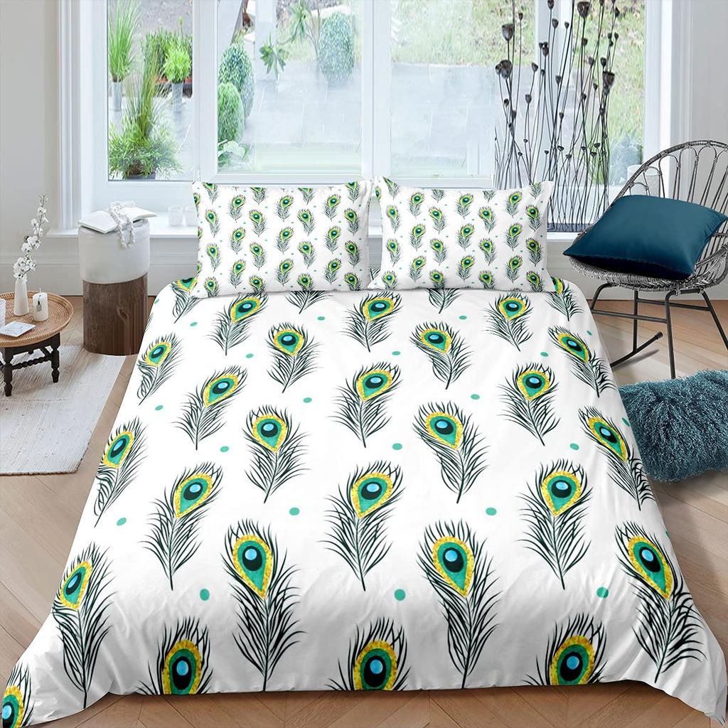 Peacock Feather Print Duvet Cover Bird Feathers Element Bedding Set Ultra Psychedelic Swirl Comforter Cover Colorful Bedclothes
