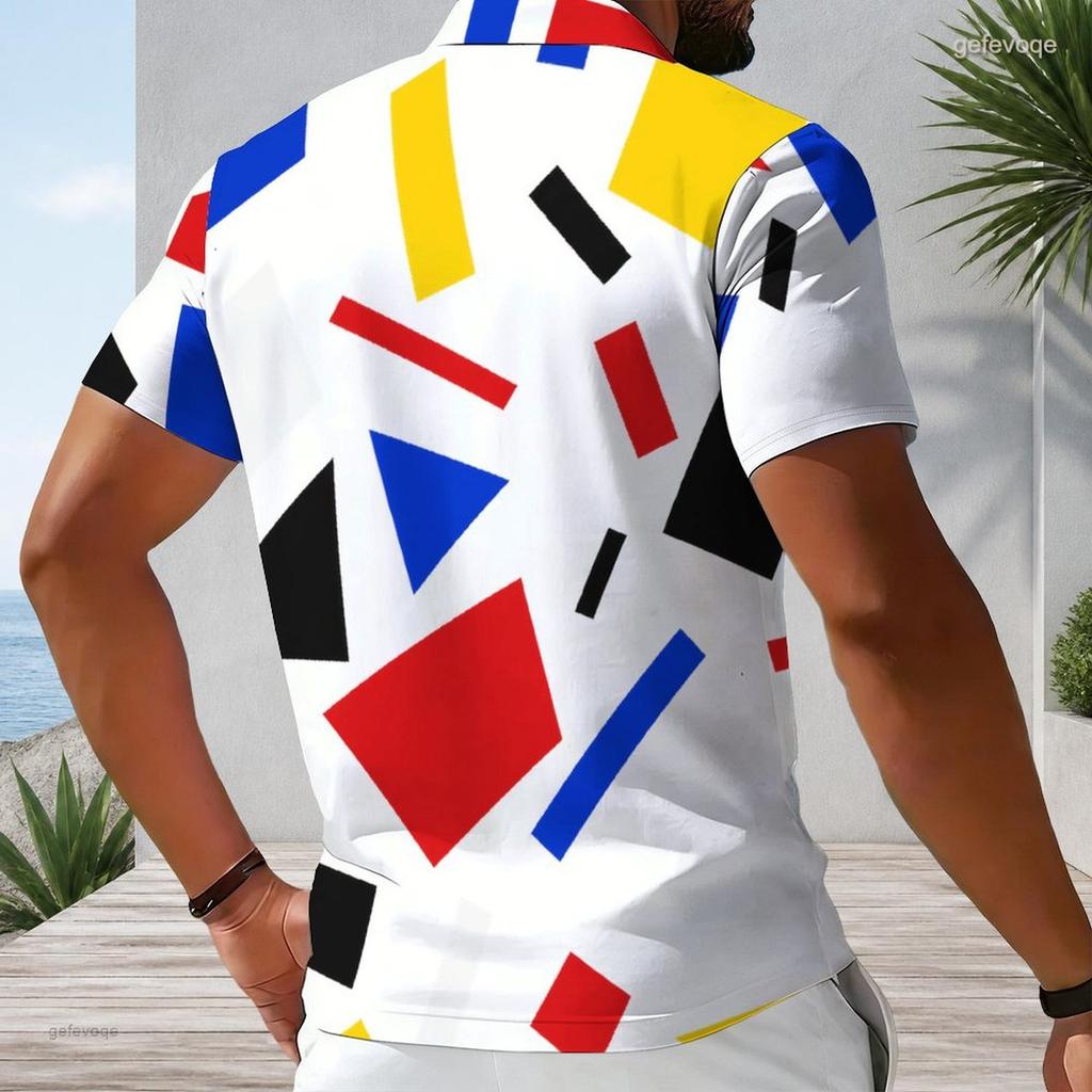 Men Plus Size Short Sleeve Quarter Zip Collared Polo Shirt Geometric Printed White Black Orange